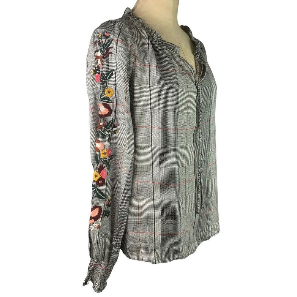 XS Curations‎ Women's Plaid Peasant Blouse Embroidered Beaded Sleeve Pullover
